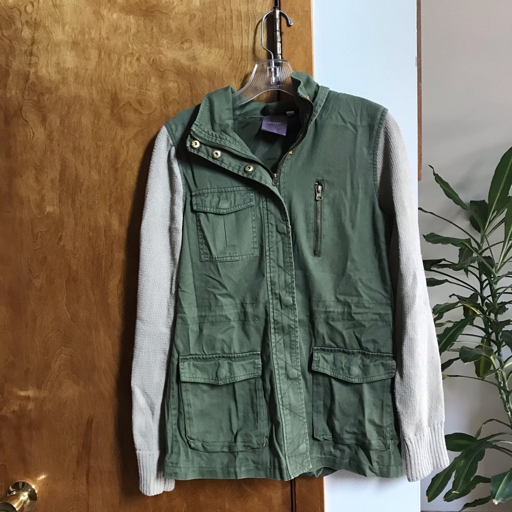 Harper Utility Jacket with Knit Long Sleeves Green Hood Zipper Pockets Medium